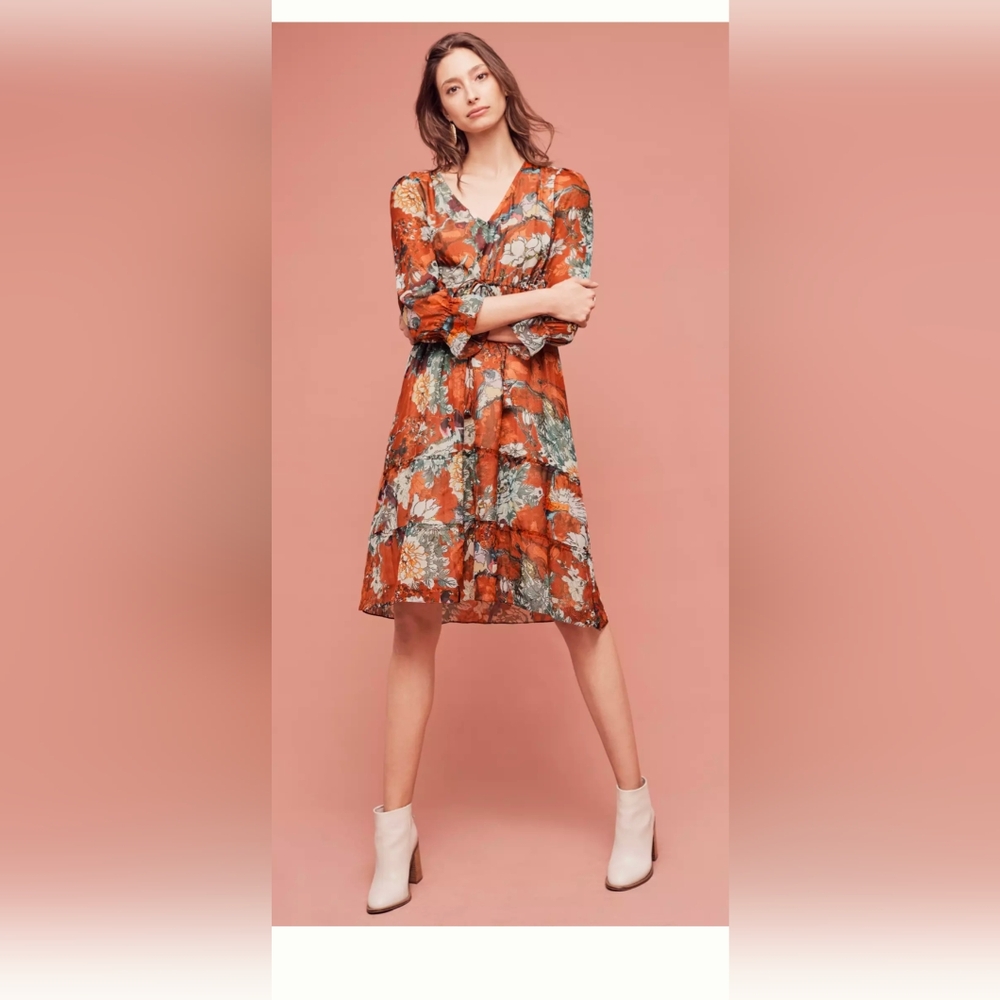 Hemant and Nandita Orange and Green Floral Midi Dress Size 4